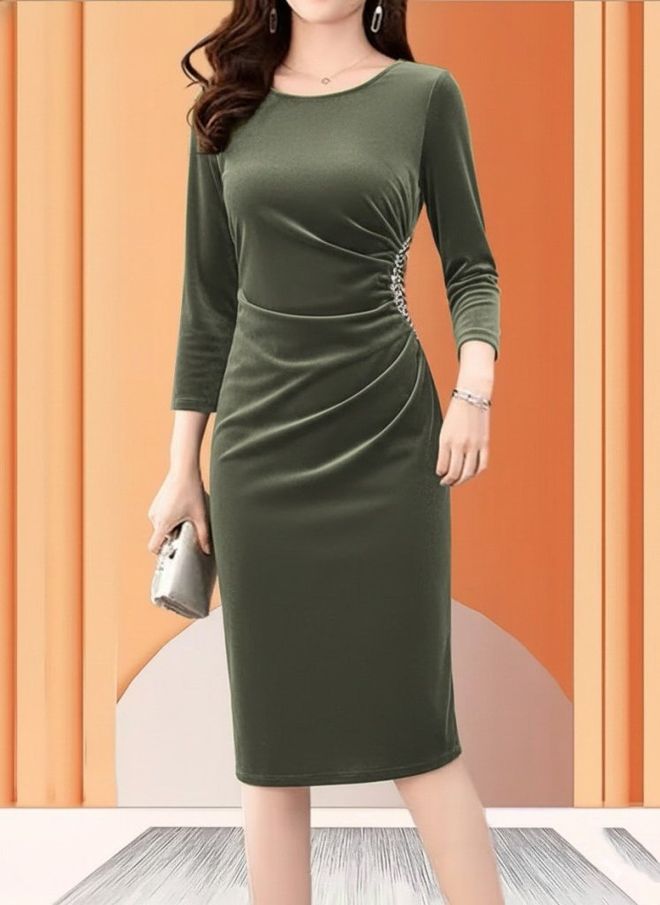 Janes Şık Yeşil Kalem Elbise 3/4 Kol Detaylı Toptan Giyim 1