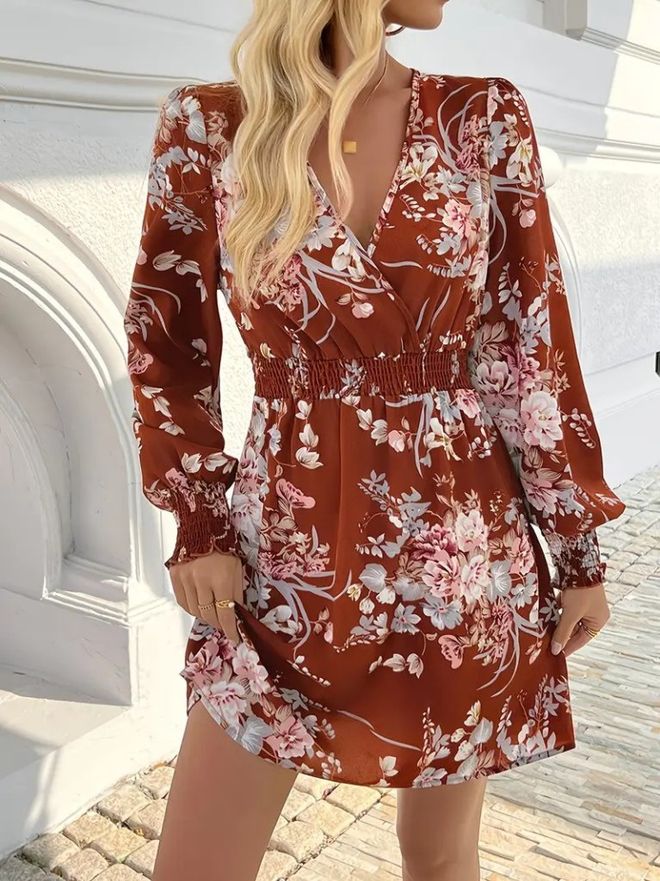 Janes Vestido Mini Floral Castanho Wrap Com Decote Em V E Mangas Compridas Roupas por atacado Casual