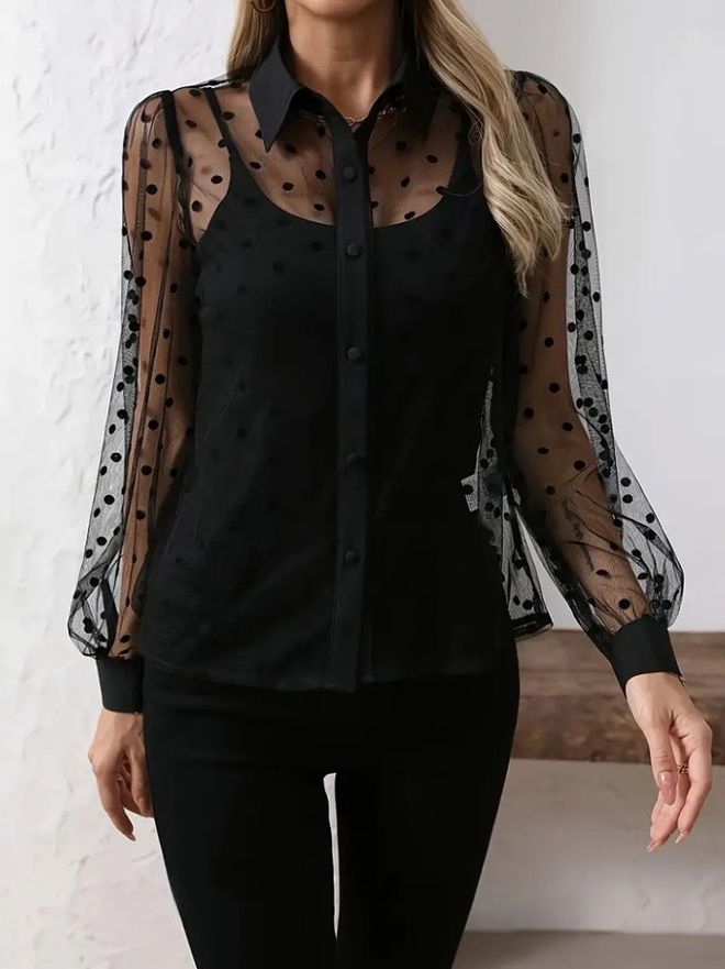 Janes Conjunto Elegante Preto Com Bolinhas Roupas por atacado Casual