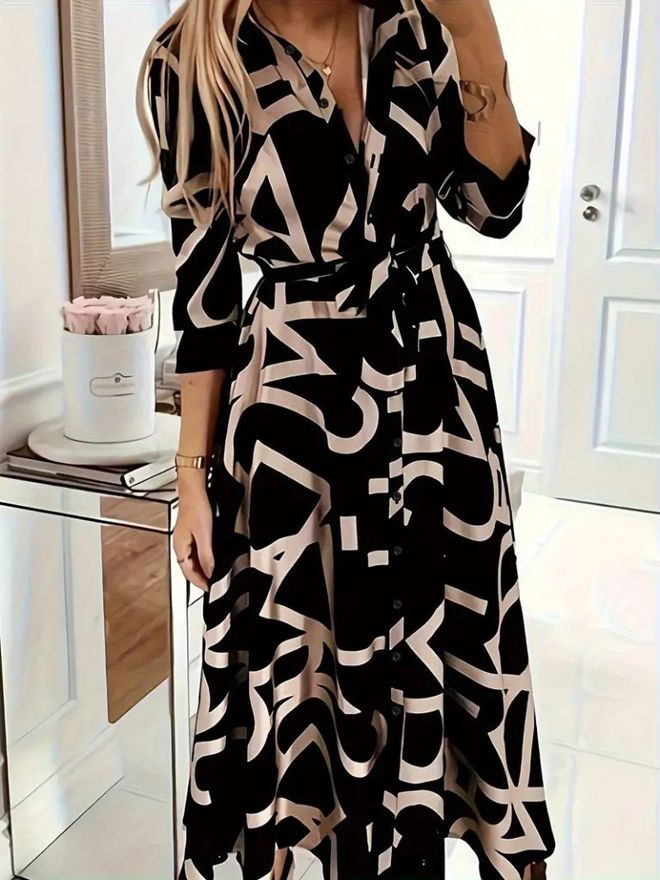 Janes Robe Portefeuille Noire Avec Col En V Et Manches 3/4 Vêtements en gros Décontracté