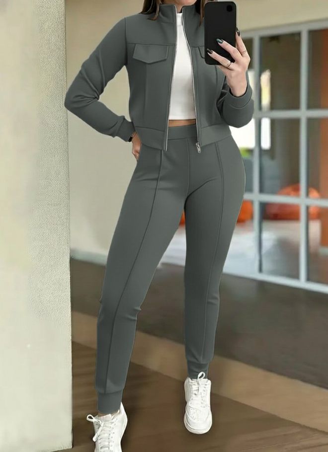 Janes Conjunto Cinza Slim Fit Jogger Com Gola Alta E Zíper Roupas por atacado Casual