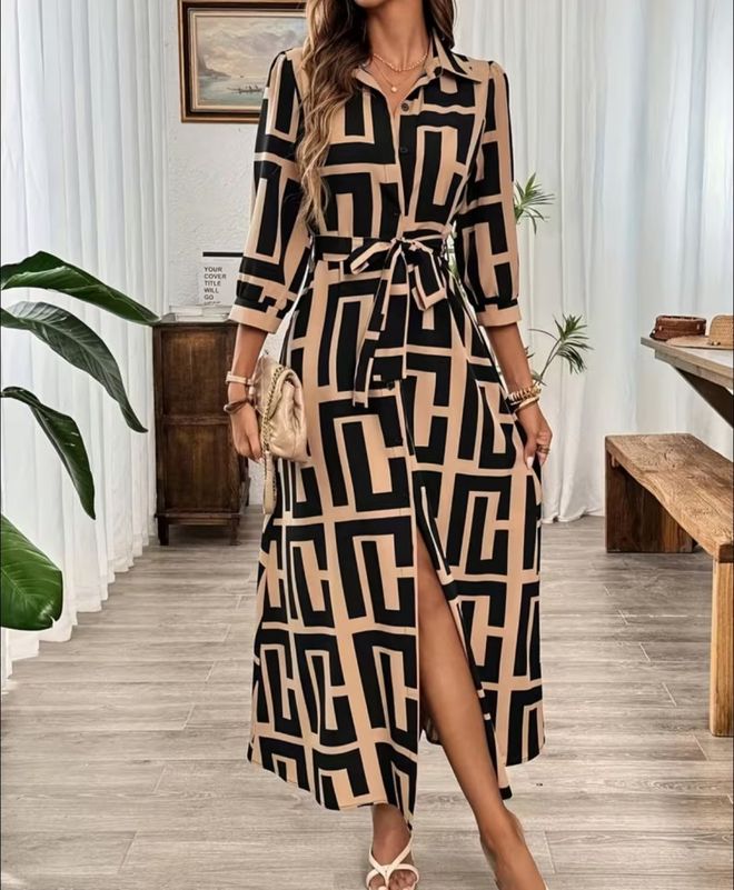 Janes Smėlio Elegantiška Kasdienė Formali Kukli Ilga Marškinių Suknelė Didmeninė prekyba drabužiais Apykaklė su įkirpimu