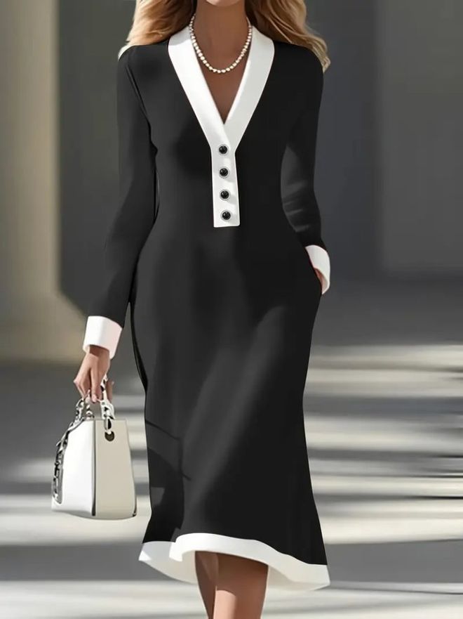 Janes Vestido Preto A line Elegante Com Decote Em V Roupas por atacado Casual