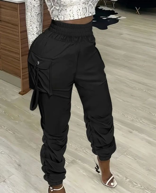 Janes Zwarte Jogger Broek Met Hoge Taille En Flapzakken Groothandel Kleding Casual