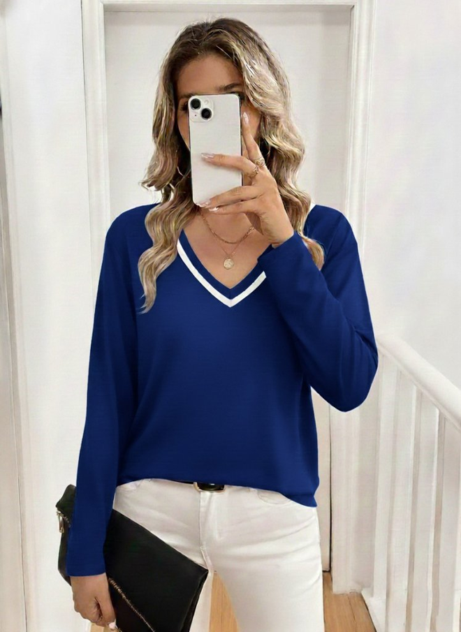 Janes Bluza Bleumarin Casual Cu Decolteu În V Și Mâneci Clasice Îmbrăcăminte cu ridicata Casual