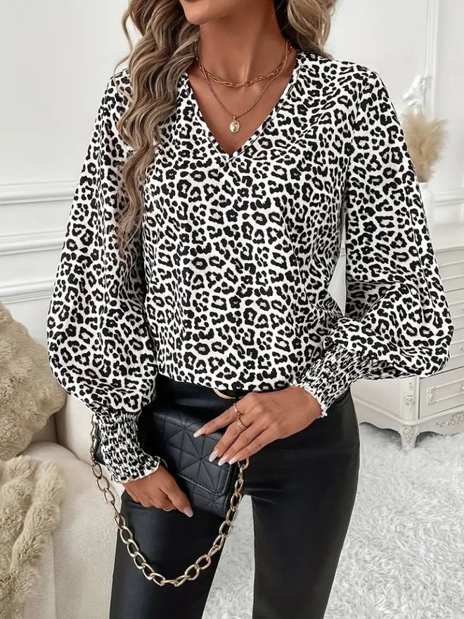 Janes بلوزة أسود بنقشة حيوانات مع أكمام بالون ملابس بالجملة غير رسمي