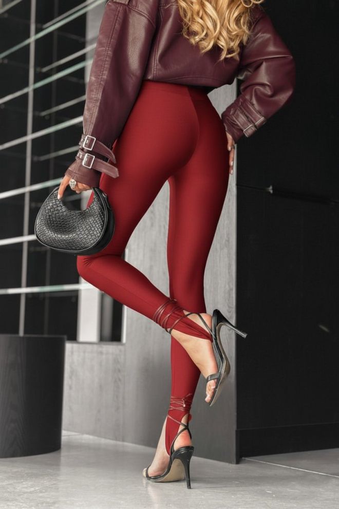 Janes Leggings Rouge Bordeaux Sexy Décontracté Élégant Taille Haute Jambe Mince Long Vêtements en gros Décontracté