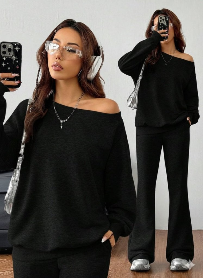 Janes Juodas Rinkinys Su Laisvu Siluetu Ir Išplatėjusiomis Kelnėmis Didmeninė prekyba drabužiais Kokteilinė