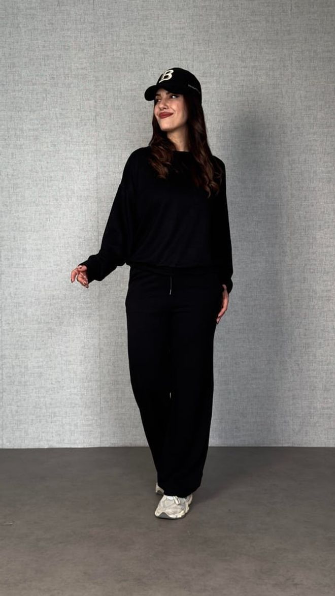 Janes Set Siyah Gündelik Spor Giyim Sokak Tarzı Bol Kalıp Toptan Giyim Tesettür