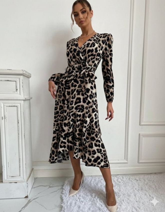 Janes Siyah Zarif Leopar Baskılı Wrap Elbise Toptan Giyim Nostaljik