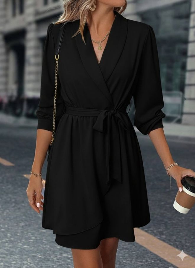 Janes Elegante Vestito Nero Wrap Con Collo Dentellato Abbigliamento all'ingrosso Casuale