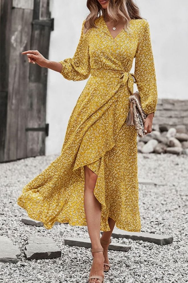 Janes Κίτρινο Wrap Φόρεμα Με Φλοράλ Σχέδιο Και V Neck Χονδρικό εμπόριο ενδυμάτων Casual