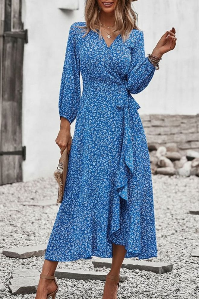 Janes Vestido Midi Envolvente Azul Floral Con Escote En V Y Manga Larga Ropa al por mayor Casual