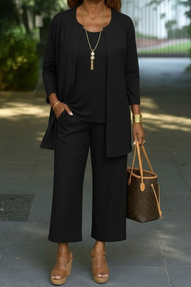 Janes Siyah Zarif Büyük Beden Palazzo Set Toptan Giyim Tesettür