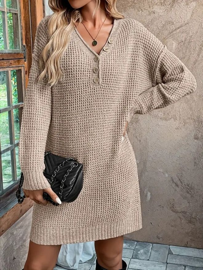 Janes Women's Long Sleeve V Neck Buttoned Mini Knitwear Stone Color Dress Beige Wholesale Clothing 0