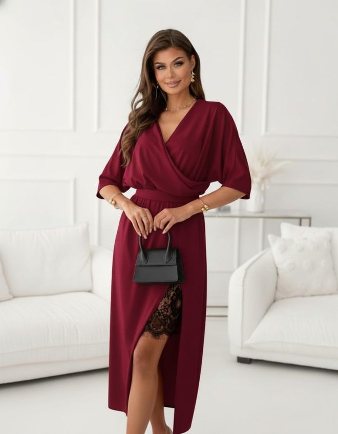 Janes Vestido Envolvente Elegante Rojo Clarete Con Escote En V Ropa al por mayor Sexy