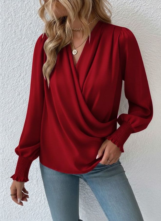 Janes Bordo V Yaka Uzun Düz Kollu Bluz Toptan Giyim Gündelik