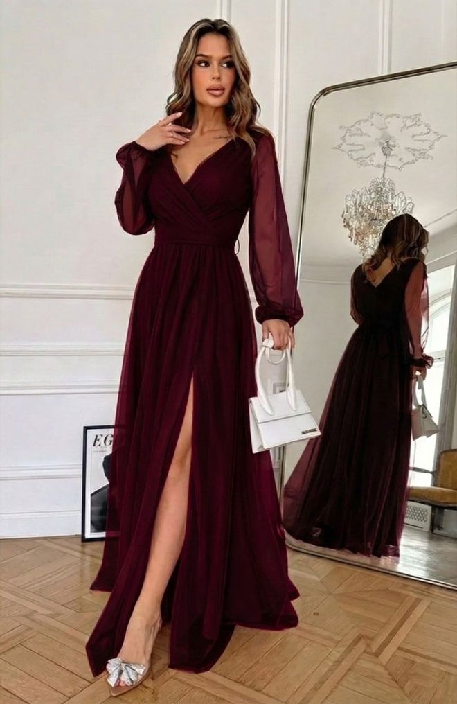 Janes Bordo Zarif Maksi Yırtmaçlı Elbise V Yaka Uzun Kol Toptan Giyim Resmi