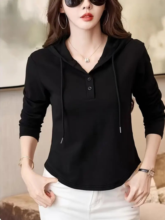 Janes Schwarze Bluse Mit Kapuzenausschnitt Und Slim Fit Großhandelskleidung Modest