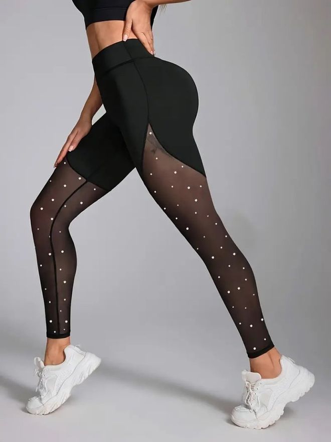 Janes Schwarze Sportliche Leggings Mit Polka Dot Und Hoher Taille Großhandelskleidung Lässig