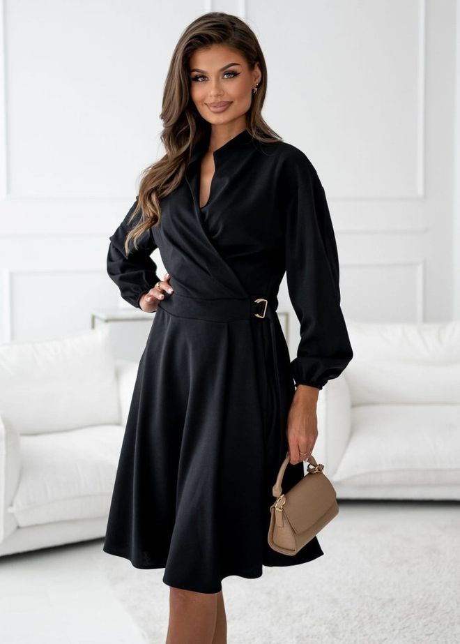 Janes Schwarzes Elegantes Formelles Wickelkleid Mit Schalkragen Großhandelskleidung Modest