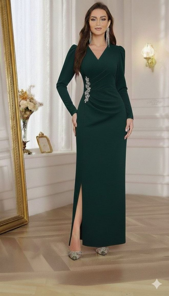 Janes Зеленое Элегантное Формальное Облегающее Платье С Пышными Рукавами Оптовая продажа одежды Скромный