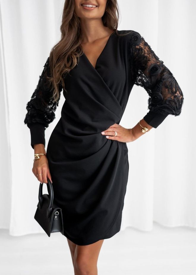 Janes Crna Elegantan Formalni Sexy Haljina Na Preklop S V izrezom I Dugim Balon Rukavima Do Koljena Veleprodaja odjeće Sexy