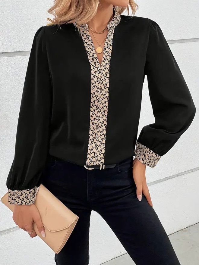 Janes بلوزة أسود رسمية أنيقة برقبة محززة ملابس بالجملة غير رسمي