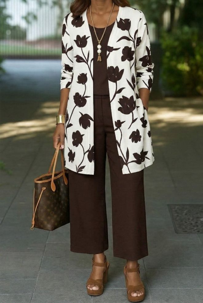 Janes Комплект Кафяв Флорален Скромен Елегантен Дрехи на едро Скромна мода