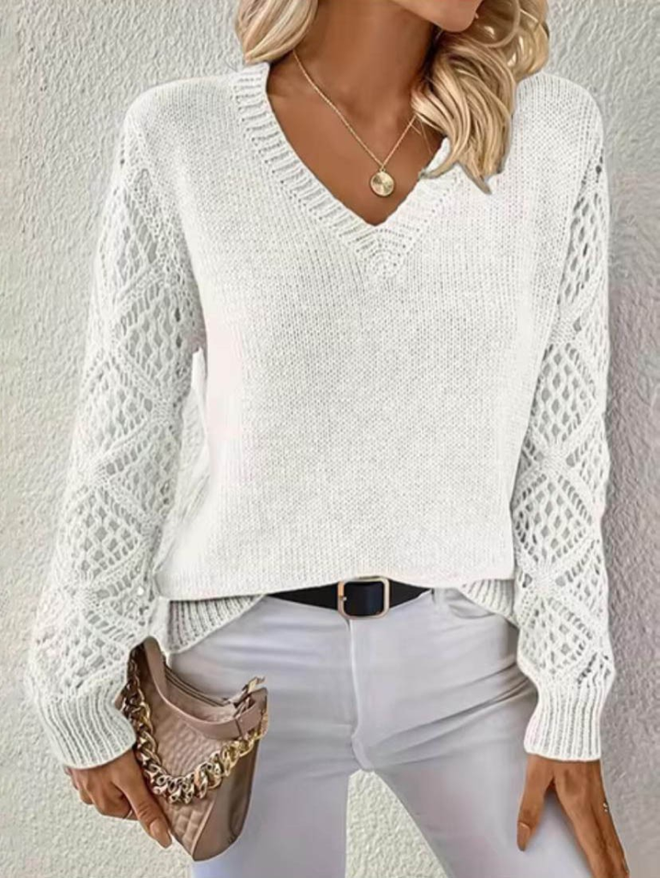 Janes Pulover Alb Casual Elegant Cu Decolteu În V Îmbrăcăminte cu ridicata Casual