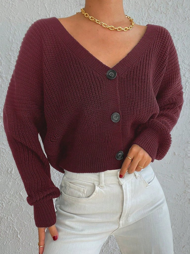 Janes Толстовка С Капюшоном Бордовый Красный Свободный Крой V образный Вырез Длинный Рукав Обычная Длина Оптовая продажа одежды Повседневный