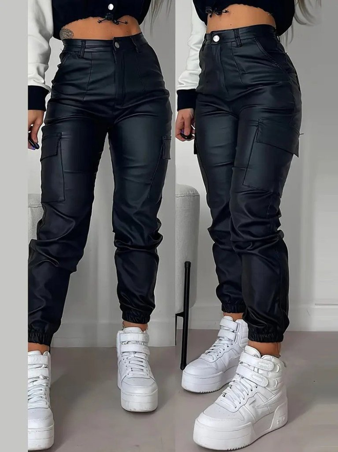 Janes Schwarze Cargo Hose Mit Hoher Taille Skinny Bein Und Reißverschluss Großhandelskleidung Lässig