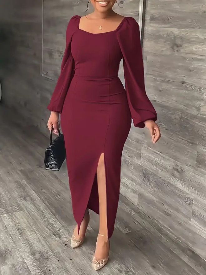 Janes Bordová Bodycon Midi Šaty S Balónovými Rukávmi Veľkoobchod s oblečením Sexy