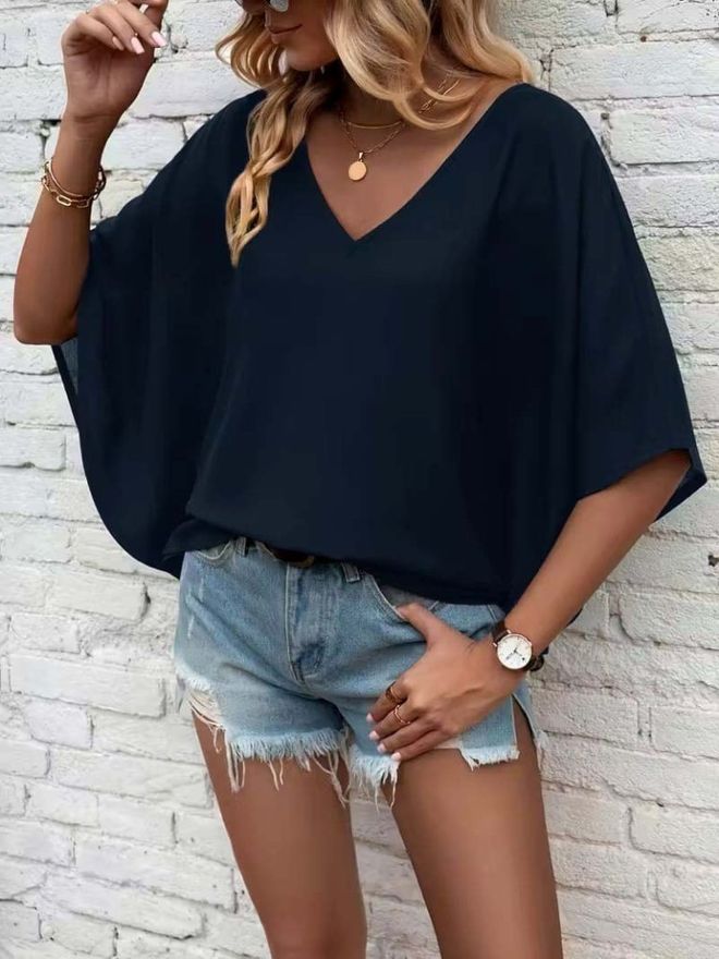 Janes بلوزة الأزرق الداكن بأكمام فراشة ملابس بالجملة غير رسمي