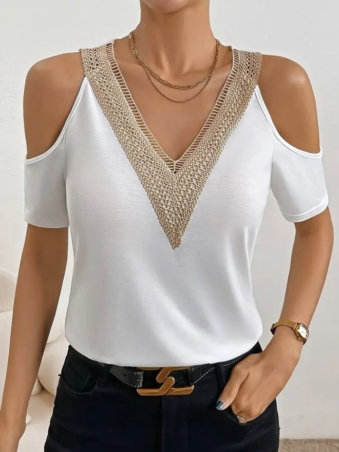 Janes Weiß Bluse Mit V Ausschnitt Und Kappenärmeln Großhandelskleidung Lässig