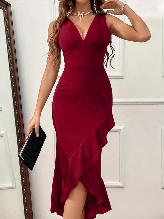 Janes Obleka V Bordo Rdeči Barvi Z Nizkim Izrezom In Kapa Rokavi Oblačila na debelo Seksi