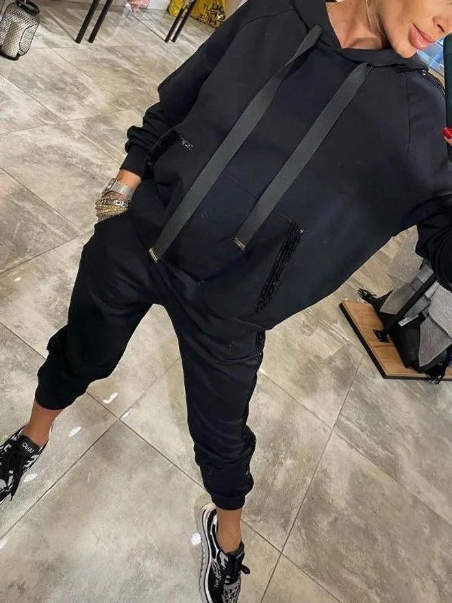 Janes Schwarz Lässig Sport Streetwear Set Mit Pailletten Großhandelskleidung Lässig
