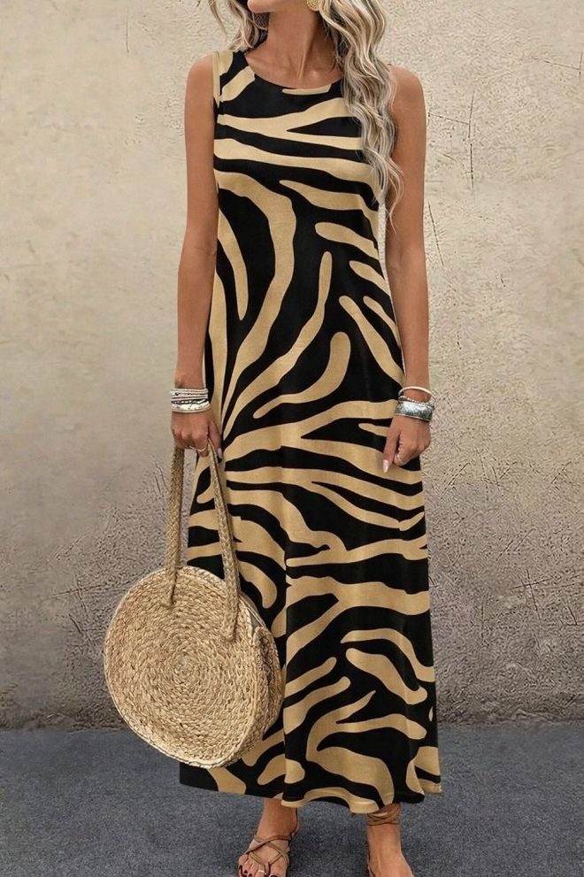 Janes Vestido Negro Maxi Slip Con Estampado Animal Y Mangas Casquillo Ropa al por mayor Casual