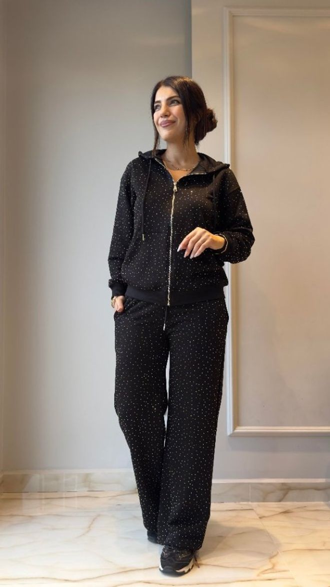 Janes Schwarzer Lässiger Sport Anzug Mit Polka Dot Großhandelskleidung Lässig