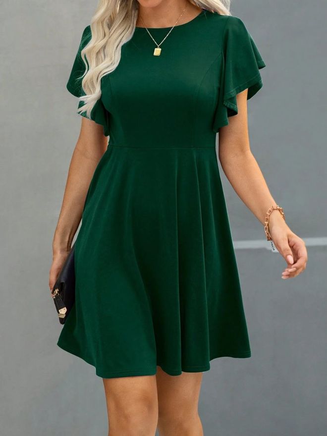 Janes Vestito Mini Verde A line Con Maniche A Volant Abbigliamento all'ingrosso Casuale