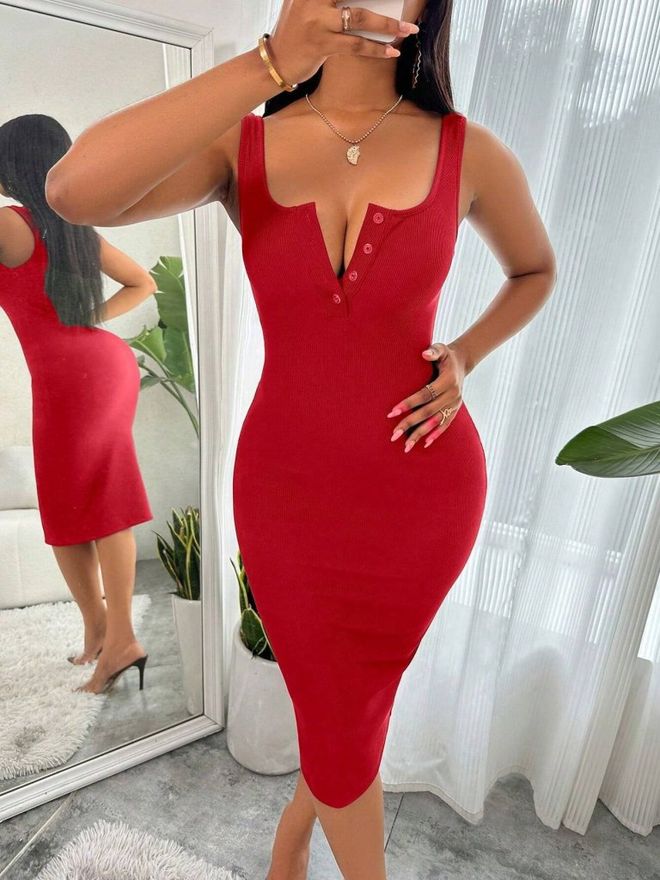 Janes Vestido Bodycon Midi Rojo Con Cuello Entallado Ropa al por mayor 1