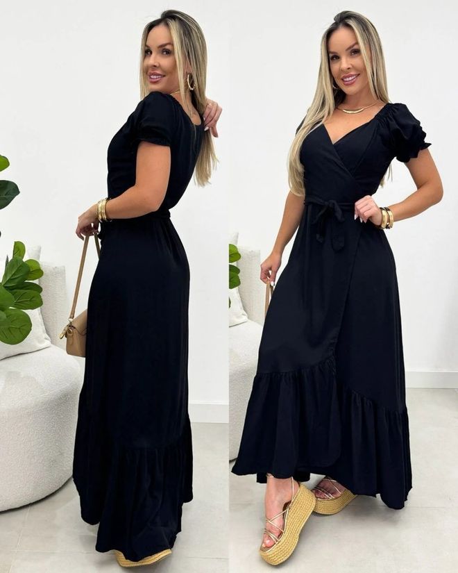 Janes Черна Елегантна Рокля Макси С Къси Буфан Ръкави Дрехи на едро Небрежен