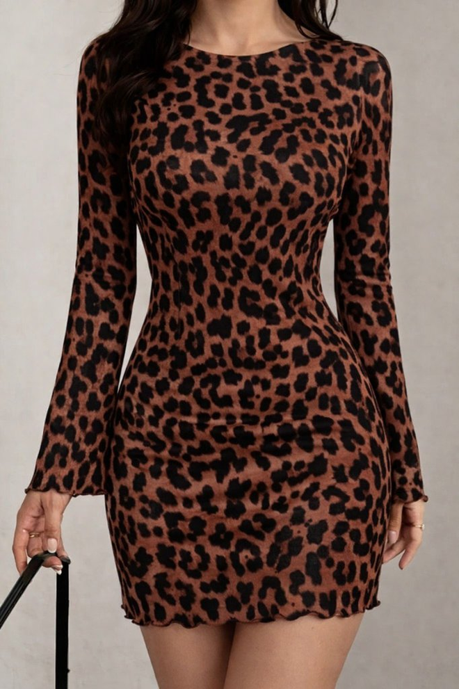 Janes Vestito Bodycon Marrone Mini Con Stampa Leopardata Abbigliamento all'ingrosso Casuale
