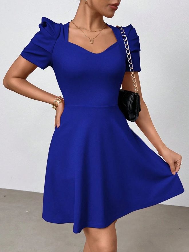 Janes Mavi Zarif Fit & Flare Mini Elbise Toptan Giyim 1