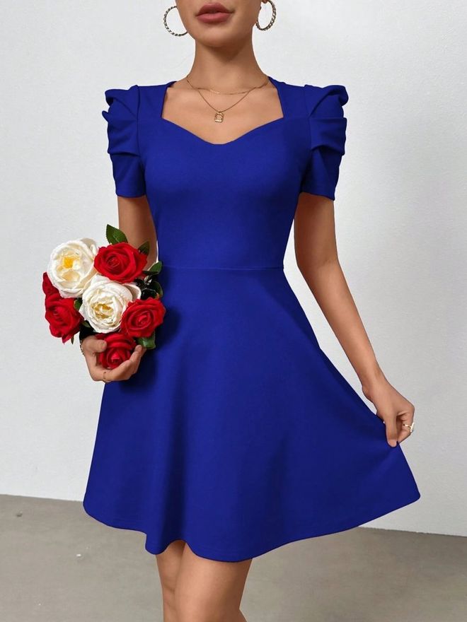 Janes Mavi Zarif Fit & Flare Mini Elbise Toptan Giyim Resmi