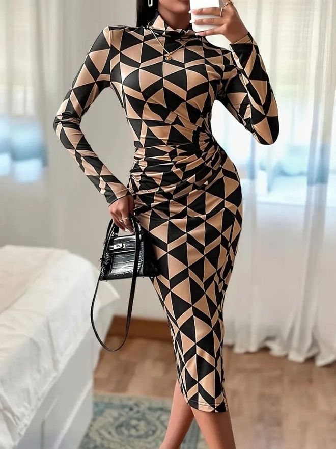 Janes Vestito Bodycon Beige Con Motivo Geometrico Abbigliamento all'ingrosso Sexy