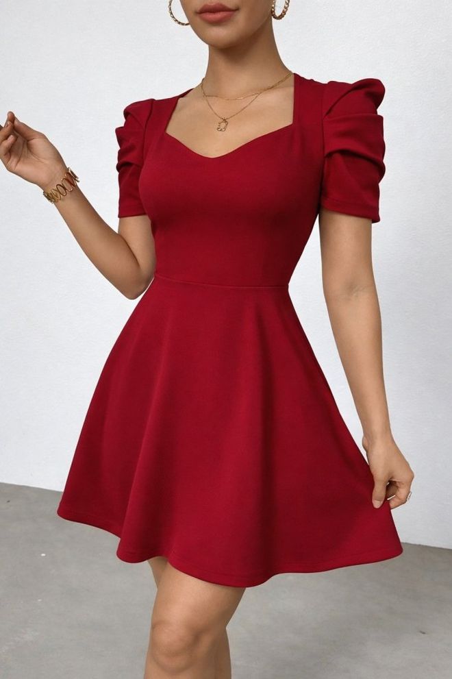Janes Бордо Црвена Фит Анд Фларе Мини Хаљина Са Пуф Рукавима Велепродаја одеће Винтаге