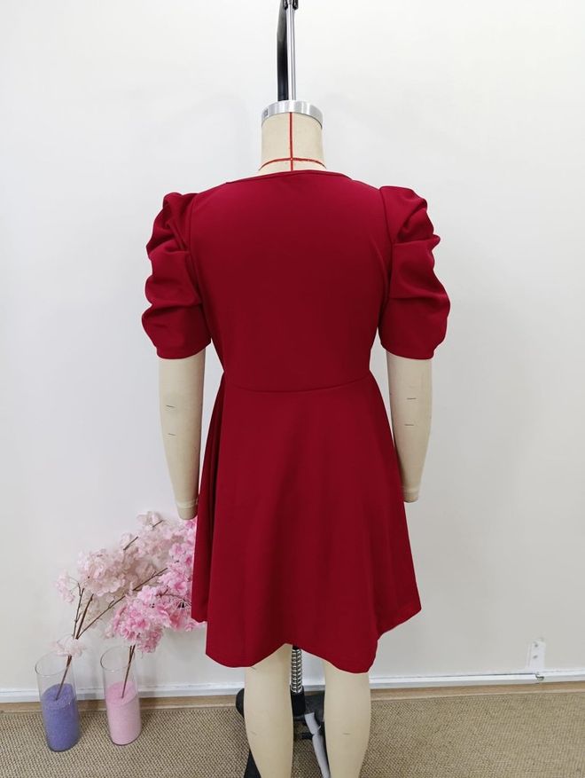 Janes Bordeauxrood Pasvorm En Flare Mini Jurk Met Pofmouwen Groothandel Kleding 5