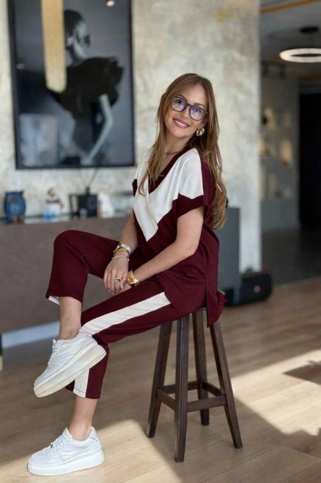 Janes Claret Red Casual Sport Suit With Cropped Tapered Pants Wholesale Clothing Lounge