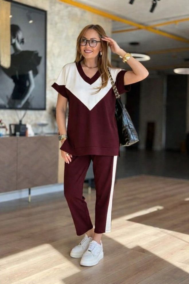 Janes Claret Red Casual Sport Suit With Cropped Tapered Pants Wholesale Clothing Summer